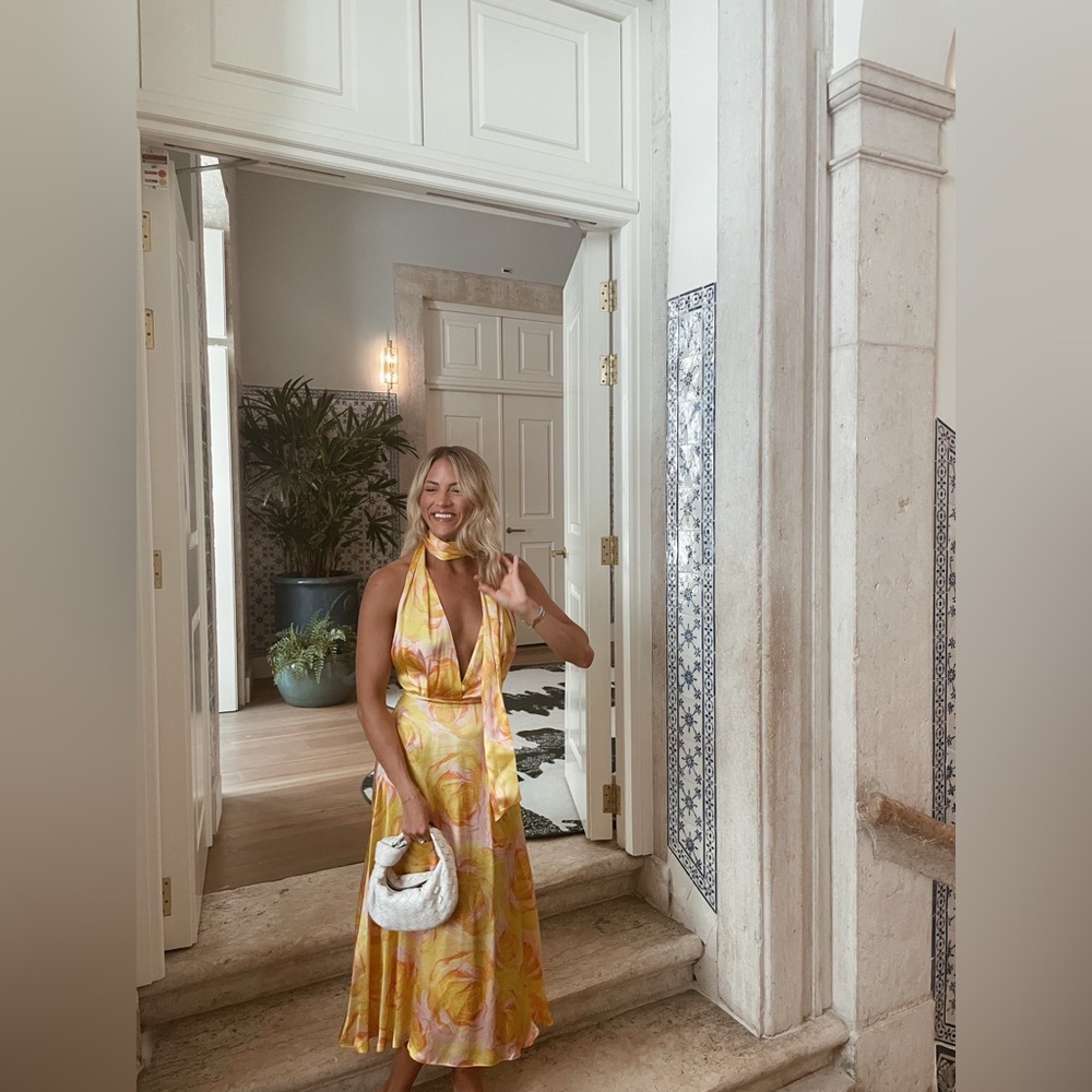 Mirae - Yellow Floral Halter Midi Dress